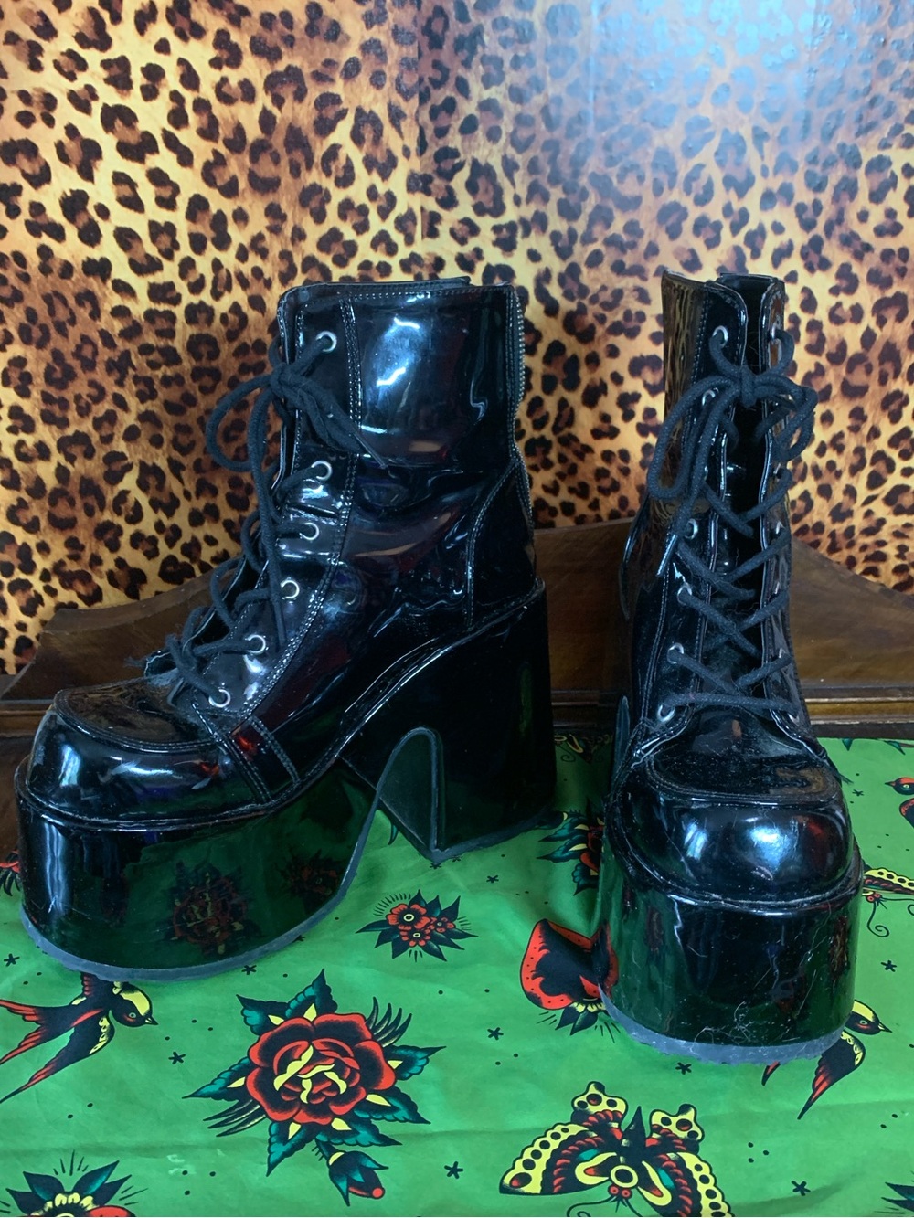 Demonia Black Patent Platform Lace-Up Boots